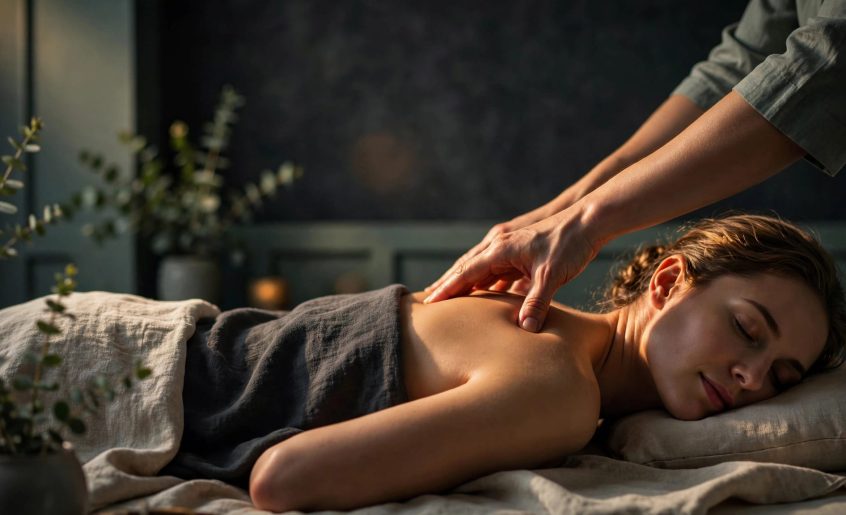 Therapist massaging a client’s shoulders in a warmly lit spa.