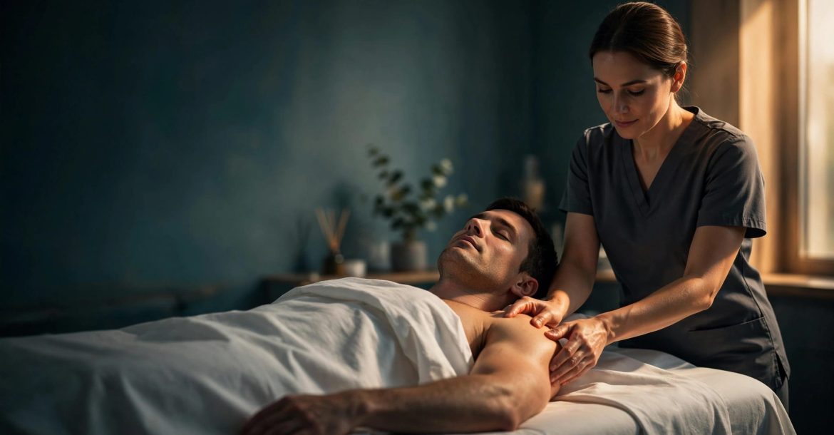 Therapist gently massages a client’s shoulders on a covered treatment table.