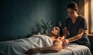 Therapist gently massages a client’s shoulders on a covered treatment table.