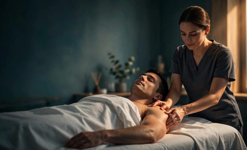 Therapist gently massages a client’s shoulders on a covered treatment table.