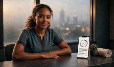 A Kenyan woman at a spa desk beside a smartphone and frosted Nairobi skyline.
