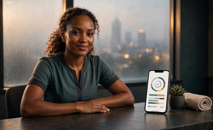 A Kenyan woman at a spa desk beside a smartphone and frosted Nairobi skyline.