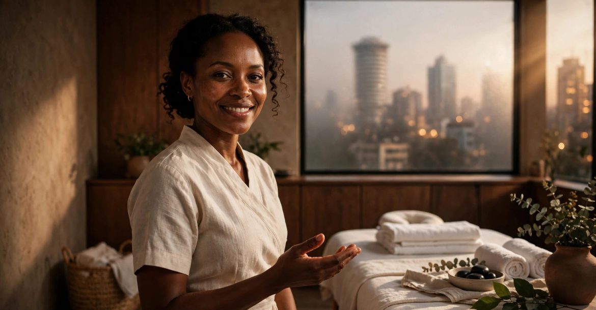 A Kenyan massage therapist stands beside a prepared table in a bright wellness room.