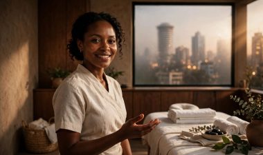 A Kenyan massage therapist stands beside a prepared table in a bright wellness room.