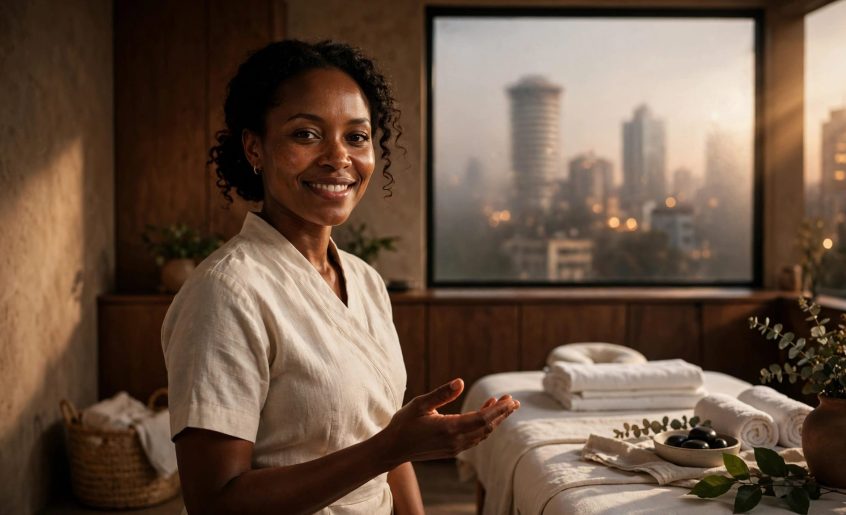 A Kenyan massage therapist stands beside a prepared table in a bright wellness room.