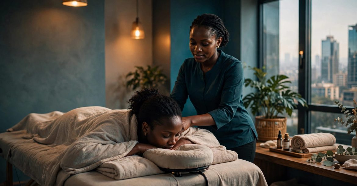 A therapist massages a woman’s shoulders in a warmly lit Nairobi treatment room.