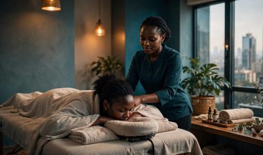 A therapist massages a woman’s shoulders in a warmly lit Nairobi treatment room.