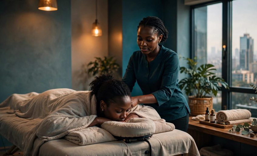 A therapist massages a woman’s shoulders in a warmly lit Nairobi treatment room.