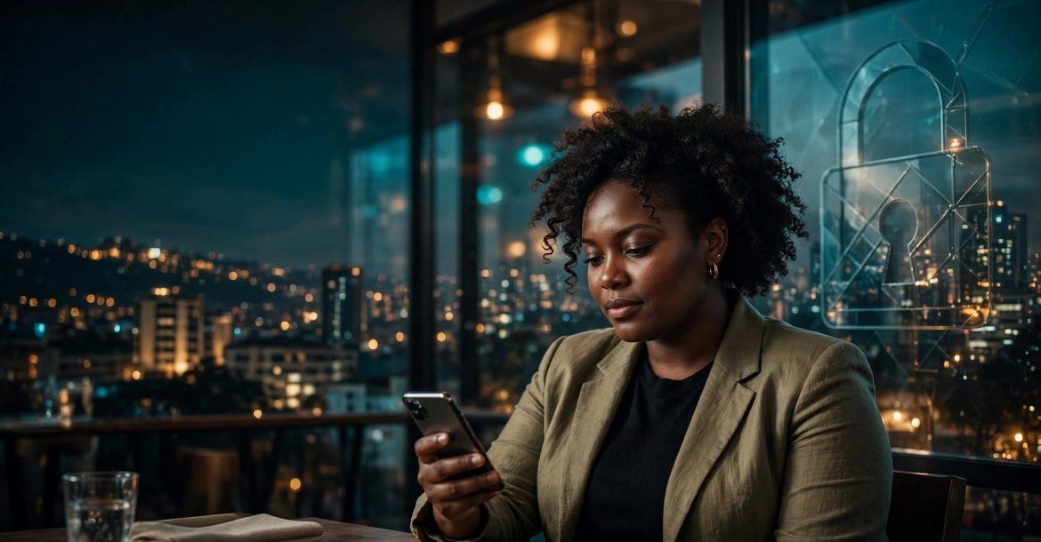 A Kenyan woman reviews her phone at a café table overlooking Nairobi.