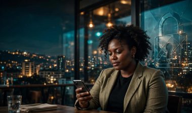 A Kenyan woman reviews her phone at a café table overlooking Nairobi.