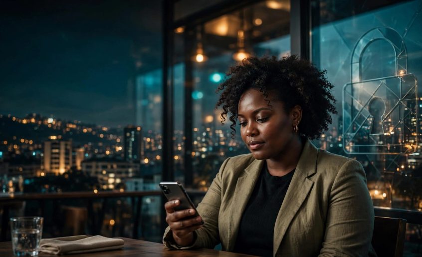 A Kenyan woman reviews her phone at a café table overlooking Nairobi.