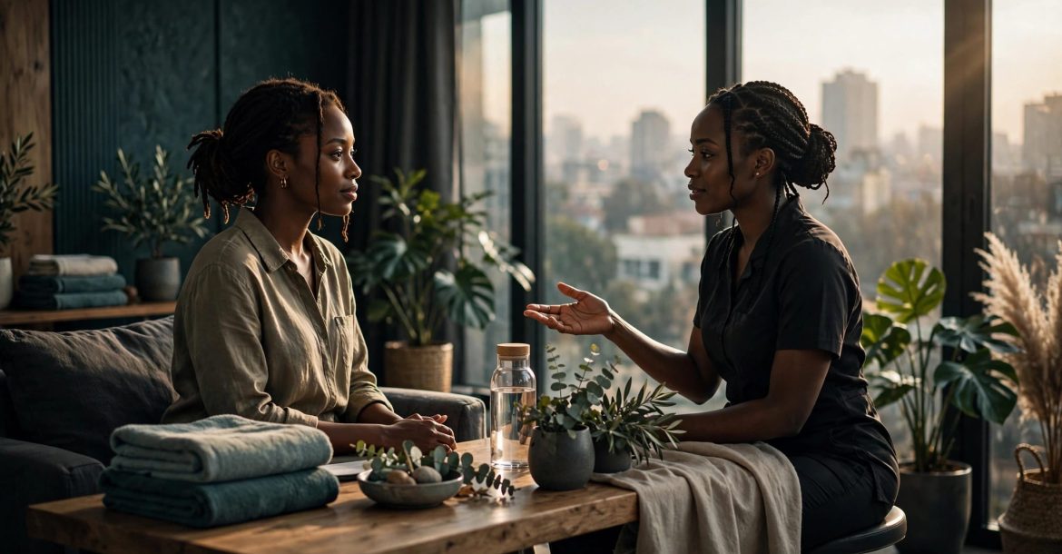 A client and therapist discuss massage options in a bright Nairobi wellness studio.