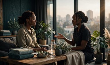 A client and therapist discuss massage options in a bright Nairobi wellness studio.