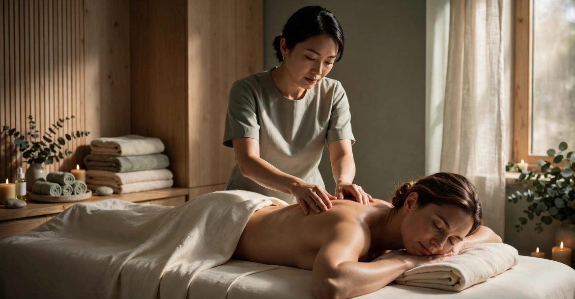 Therapist giving a back massage to a client in a softly lit spa room.