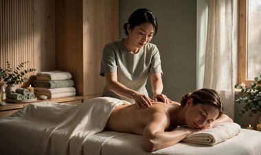 Therapist giving a back massage to a client in a softly lit spa room.