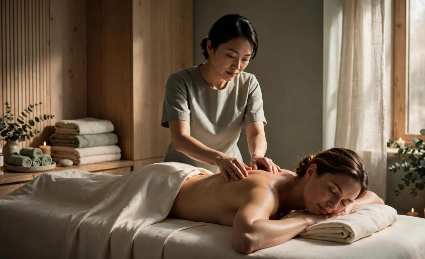 Therapist giving a back massage to a client in a softly lit spa room.