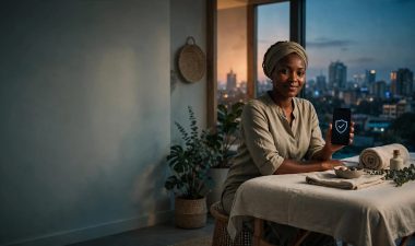 A Kenyan massage therapist sits beside a prepared table with Nairobi visible through the window.