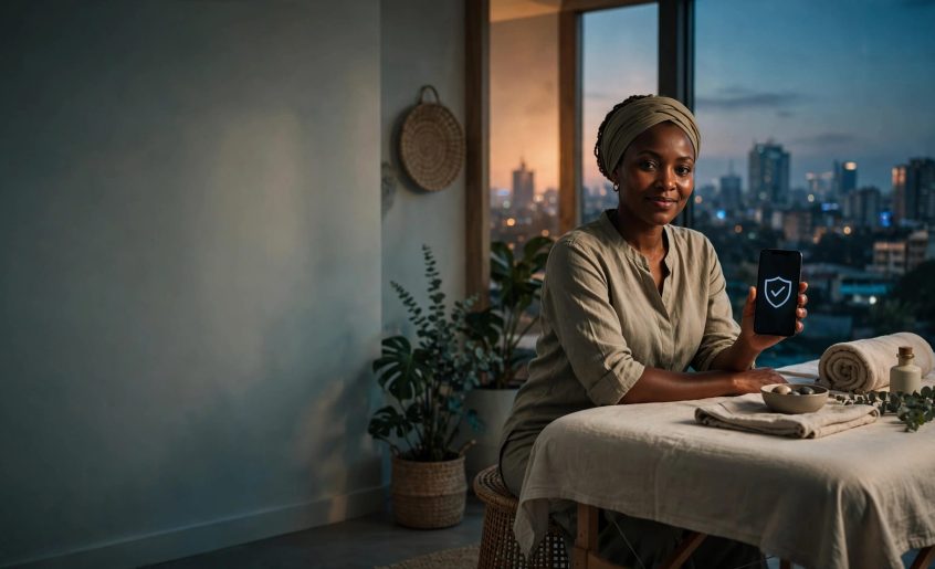 A Kenyan massage therapist sits beside a prepared table with Nairobi visible through the window.