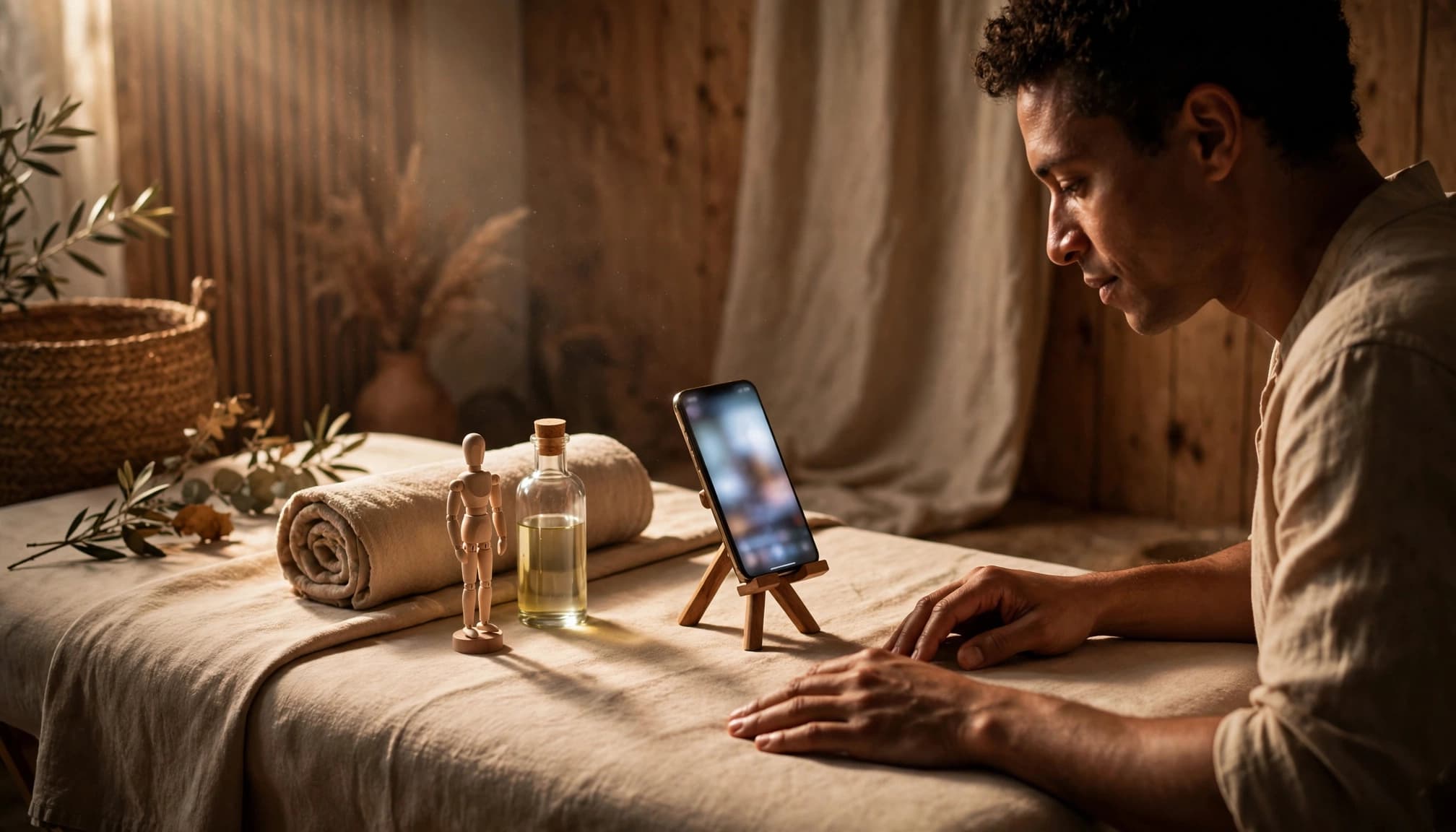 An adult watches a blurred phone beside a prepared massage table.