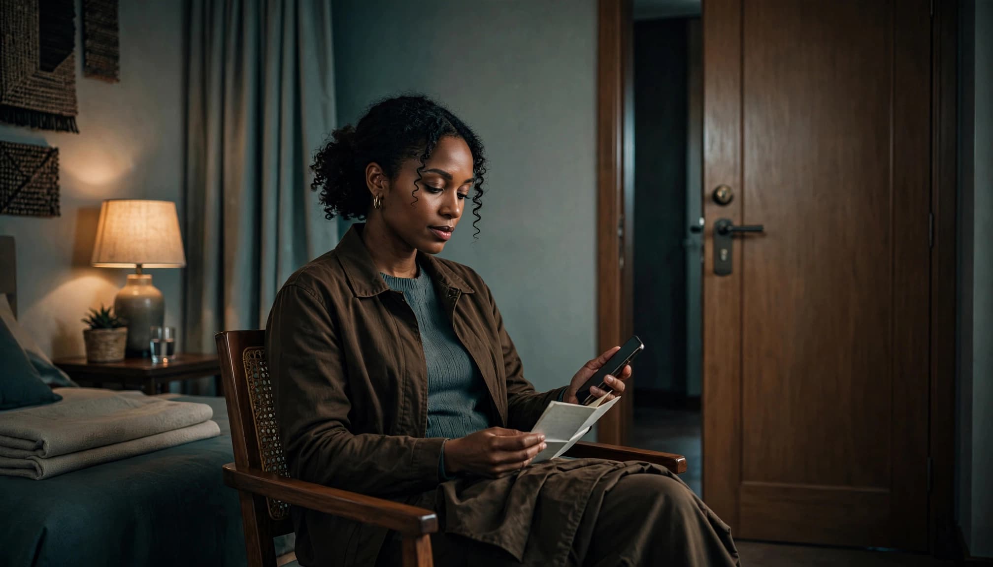 Woman holds a phone beside a closed hotel-room door.