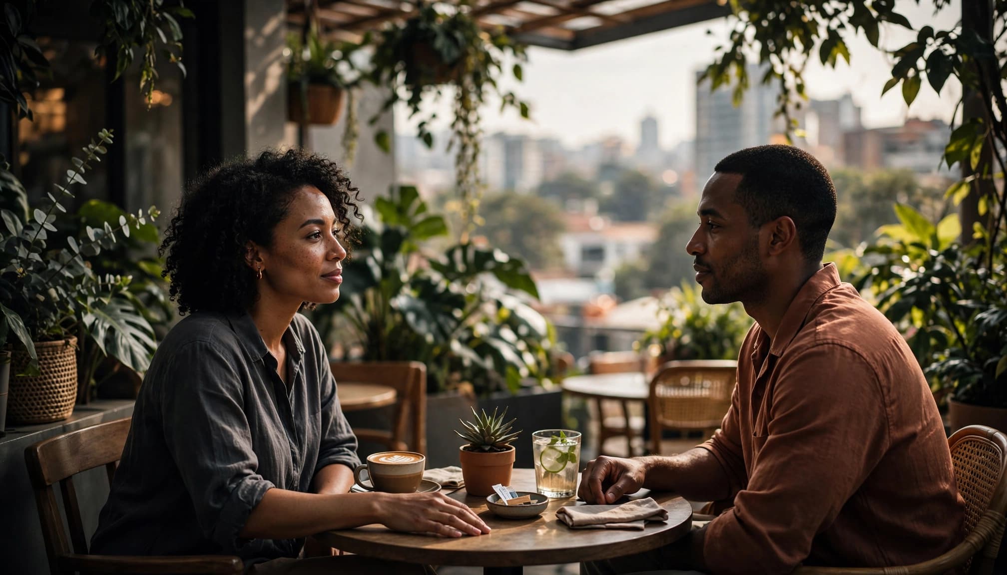 Two friends talk across a small table on a leafy Nairobi cafe terrace.
