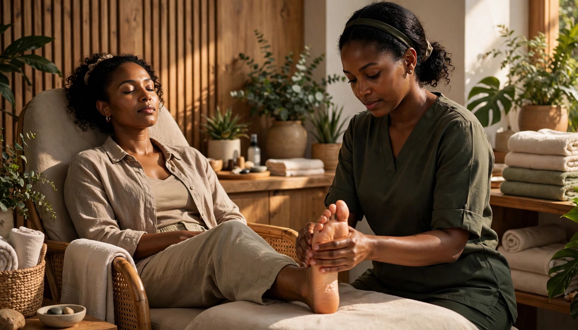 A therapist gives a clothed client a foot massage in a bright spa room.