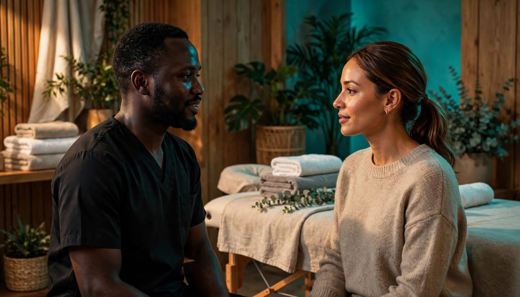 A therapist and client discuss treatment beside a prepared massage table.