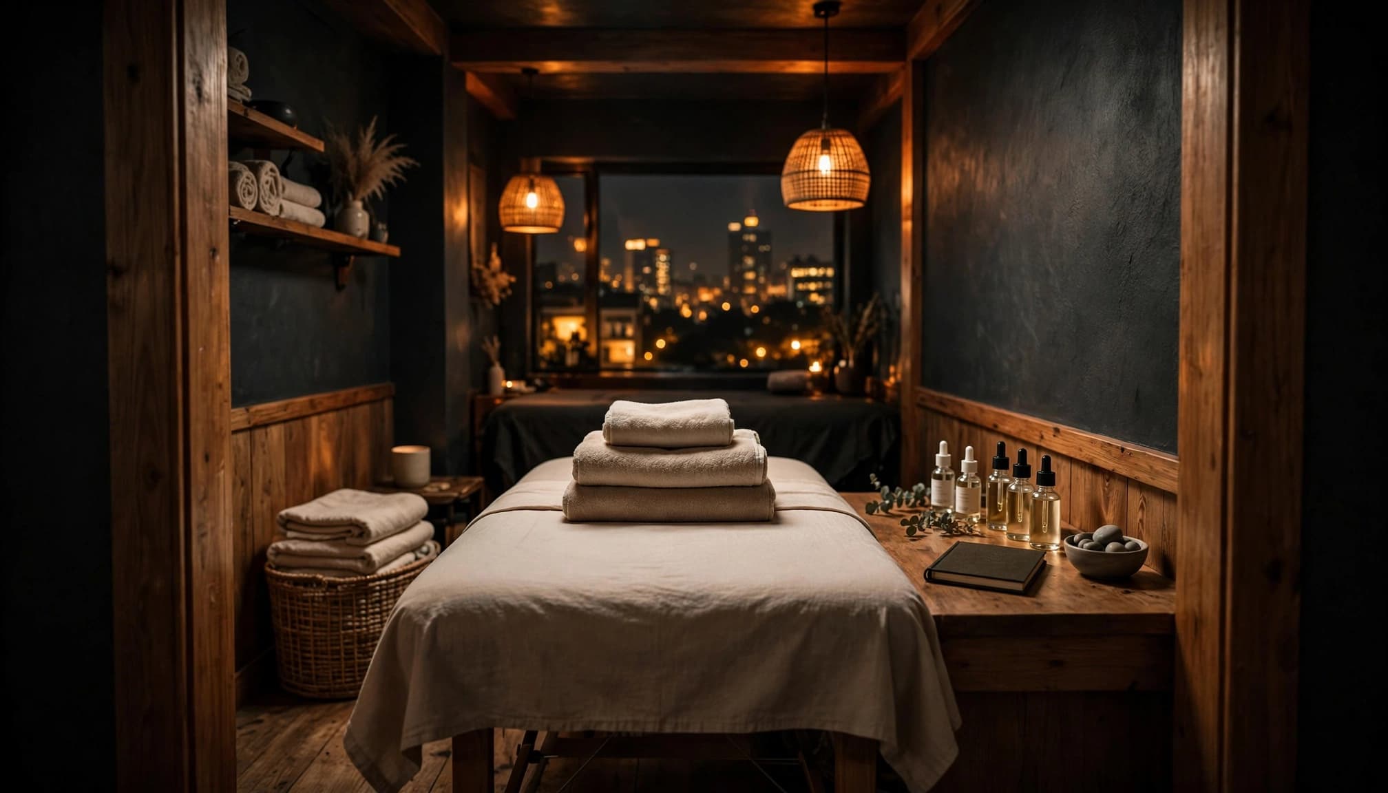 A prepared massage table with towels and oils in a warmly lit Nairobi studio.