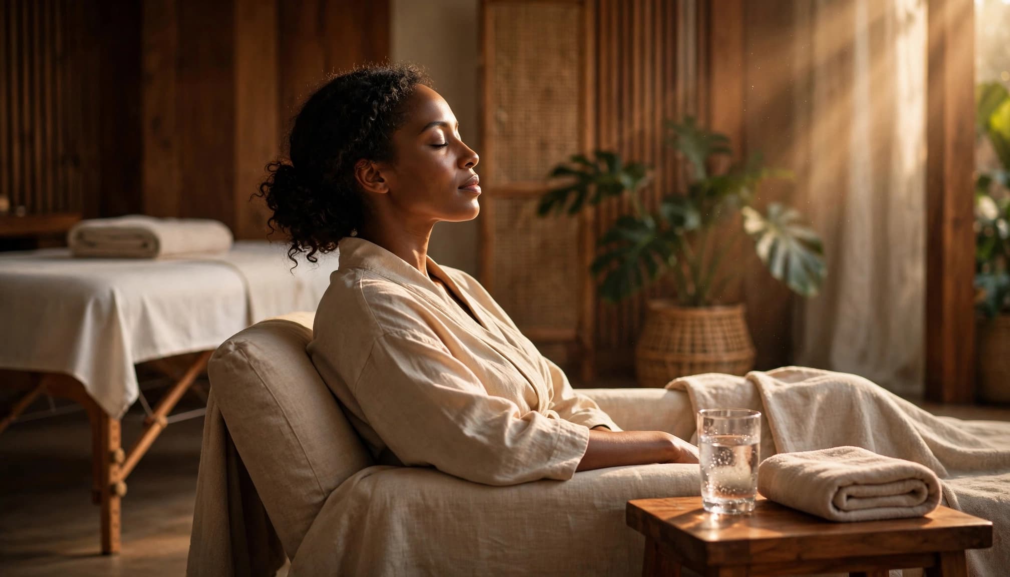 Client relaxing beside a glass of water and folded towel in a warm spa lounge.