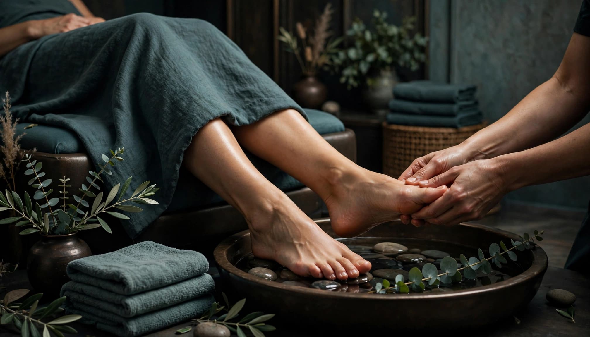 Draped client receiving a foot massage in an elegant Nairobi spa.