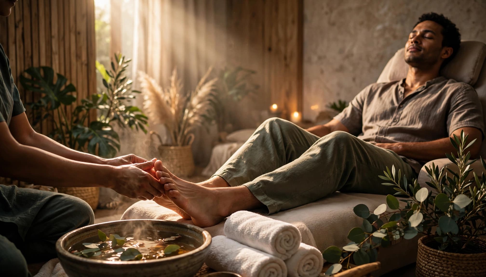A traveler receives a foot massage beside towels and a bowl of warm water.