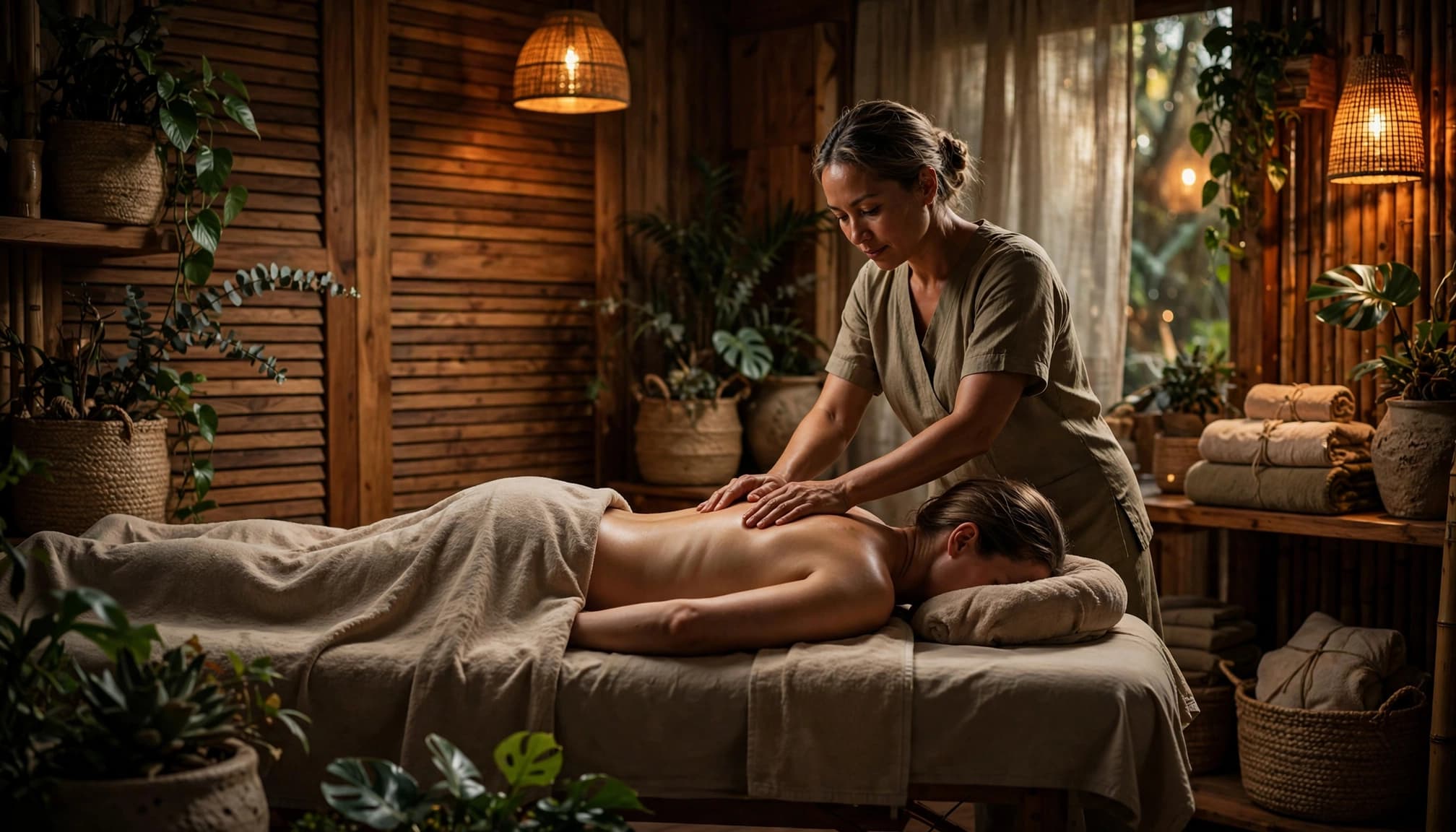 Therapist massaging a client's back in a warm spa room with towels and plants.