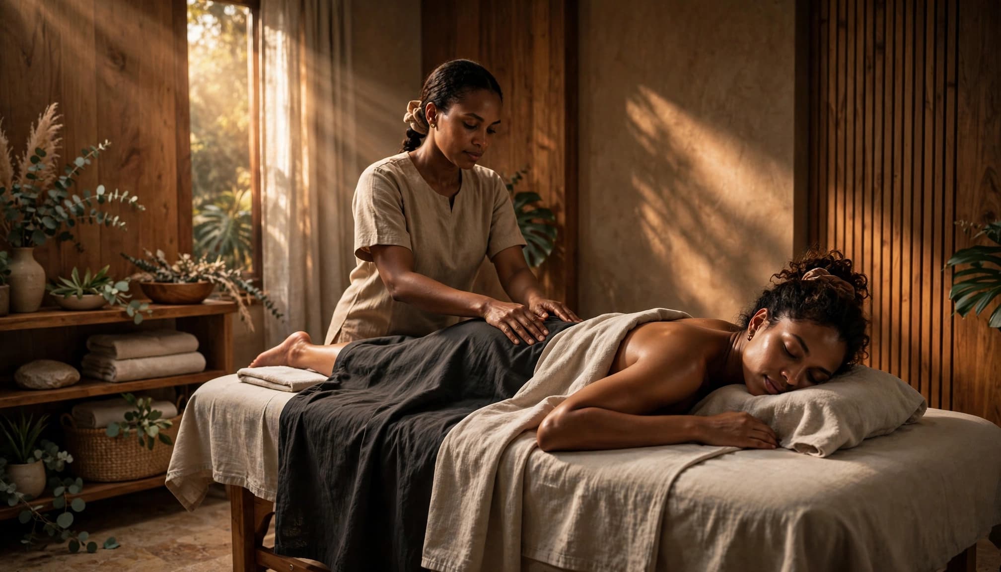 A covered client receives a massage from a therapist in a warmly lit spa room.