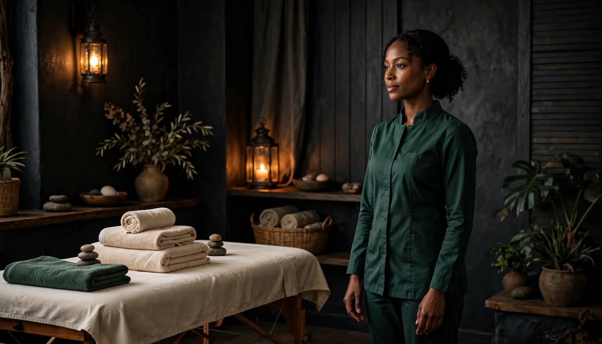 A spa professional stands beside a massage table with towels and warm lanterns.