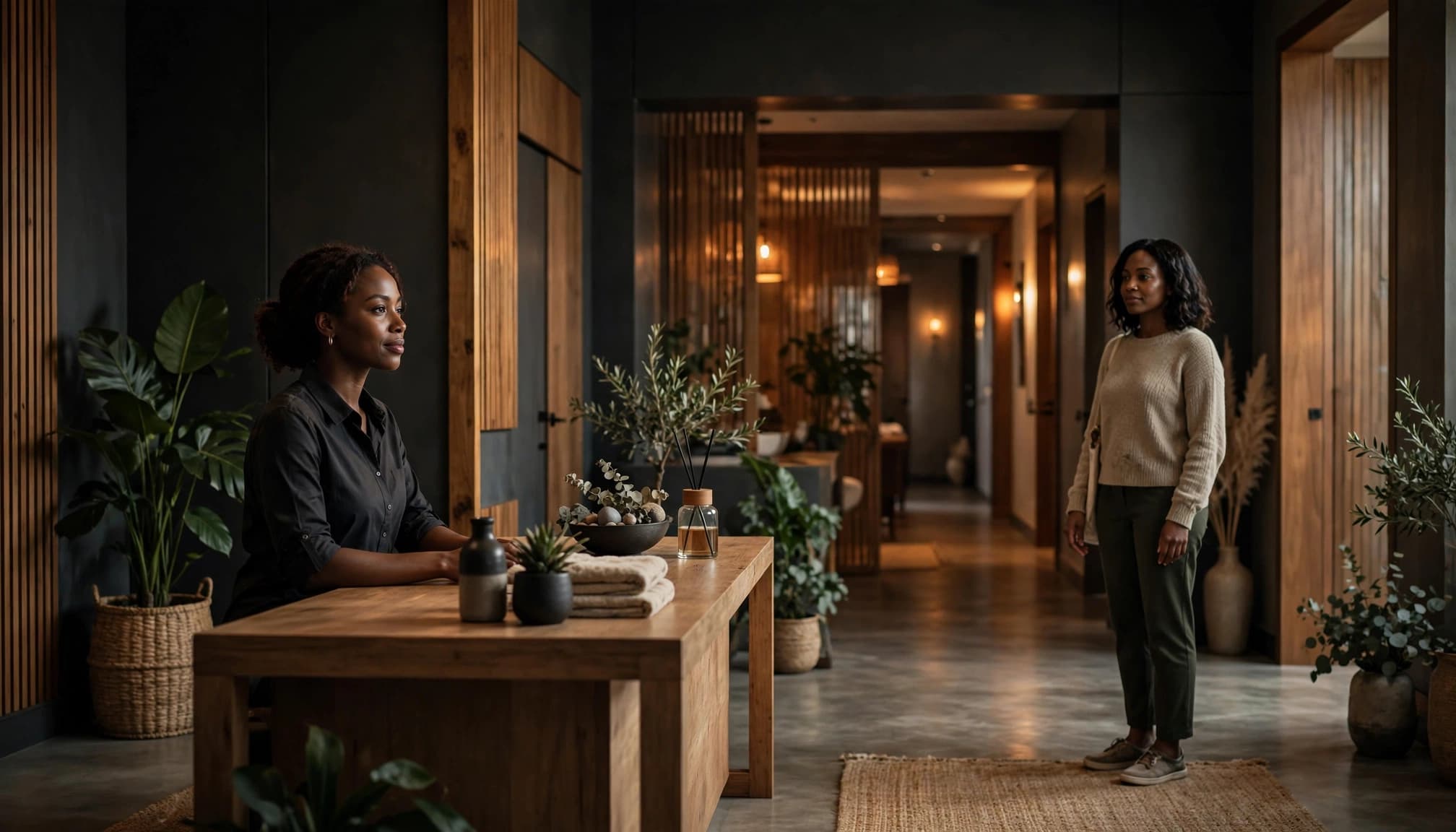 Receptionist and client in a warmly lit Nairobi spa reception area.