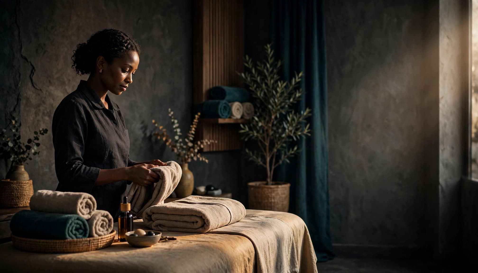 A massage therapist prepares a towel beside a treatment table in a dark, elegant spa.