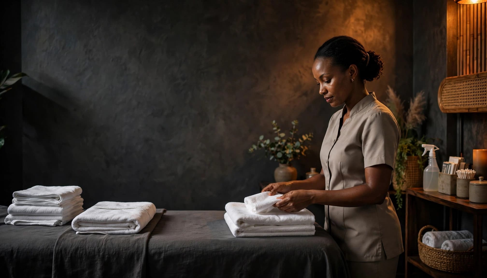 A massage therapist arranges folded towels beside a table in a dark, warmly lit spa room.