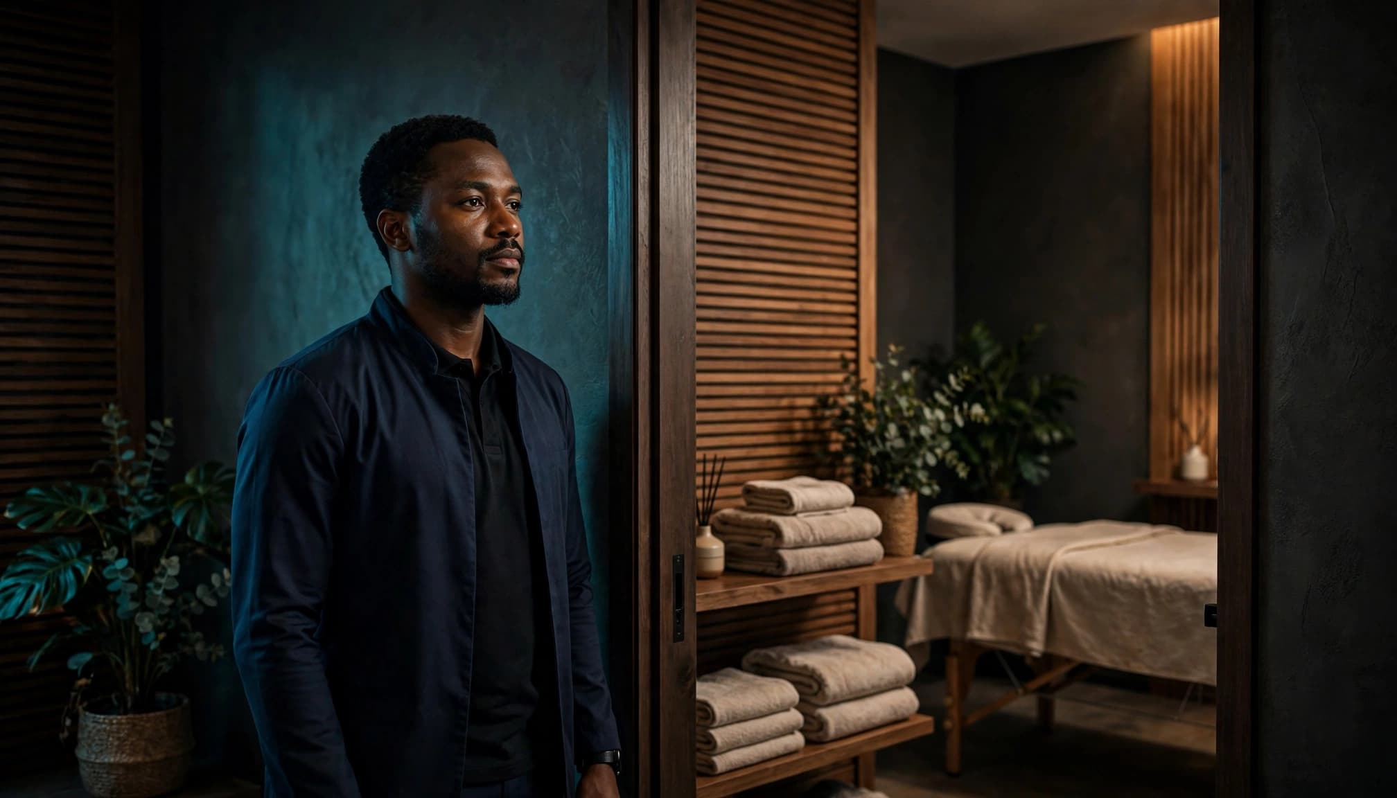 A wellness professional stands beside a massage room in a refined Nairobi spa.