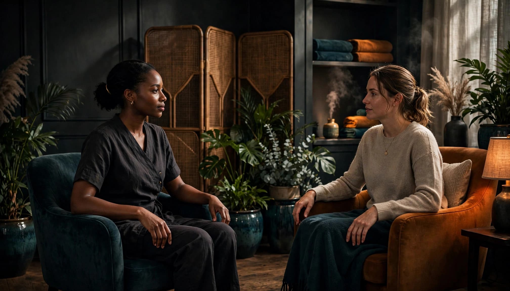 Two women discuss massage preferences in separate chairs at a softly lit spa.