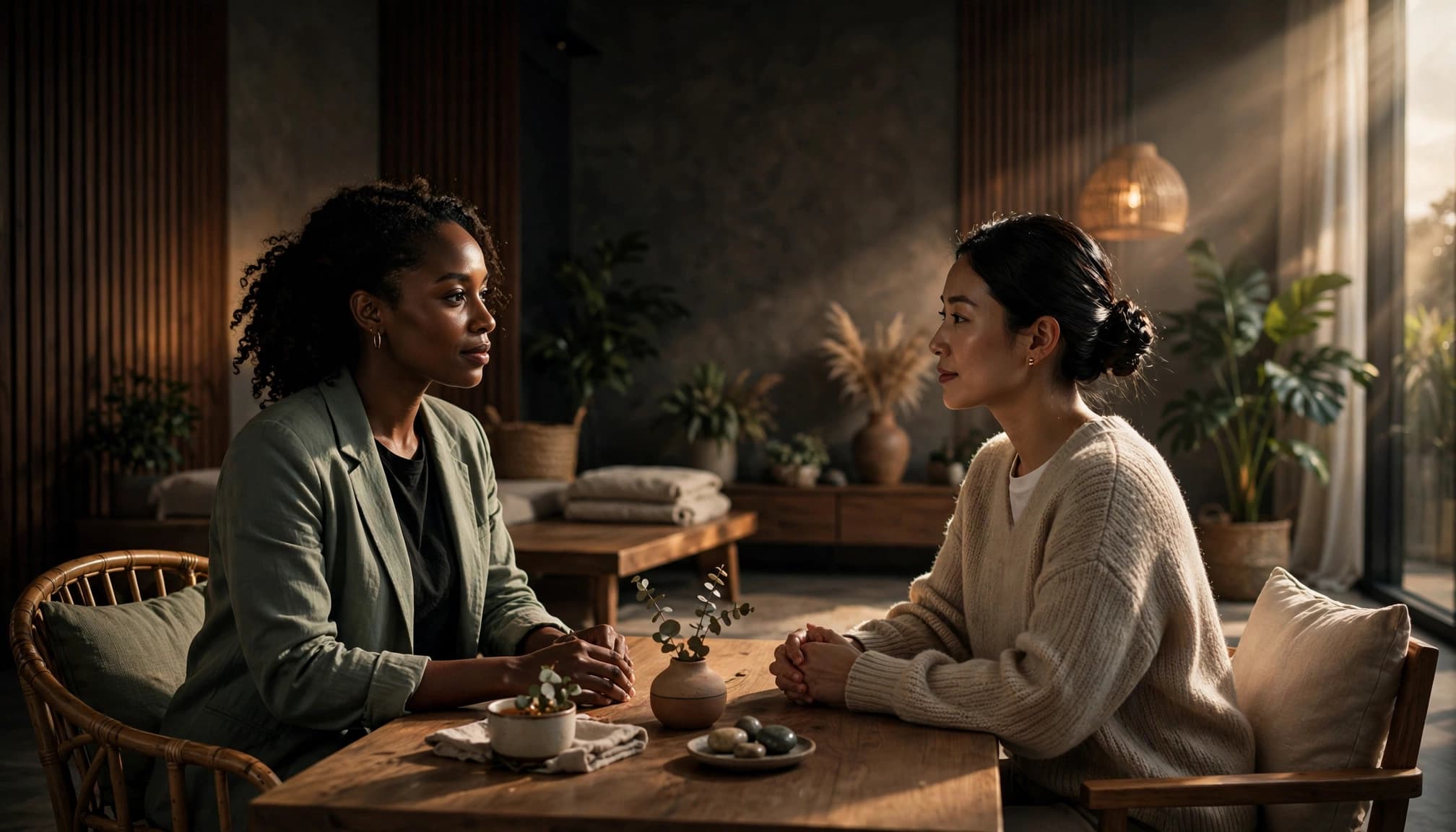 A wellness professional speaks with a seated client in a calm spa reception.