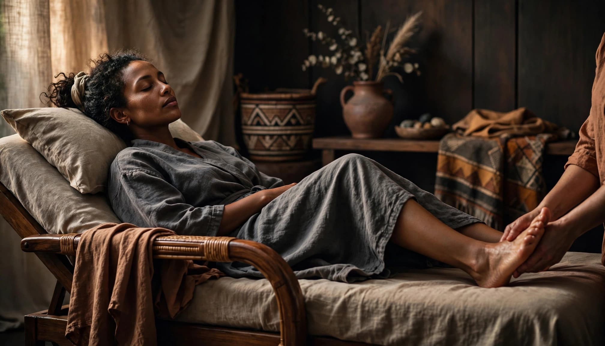 A woman receives a professional foot massage in a warmly lit Nairobi spa room.