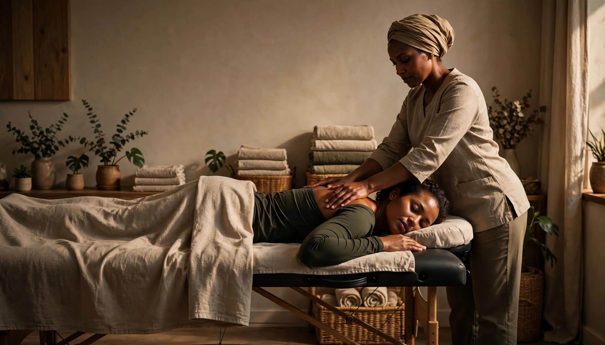 A therapist gives a clothed woman a shoulder and back massage in a calm spa room.