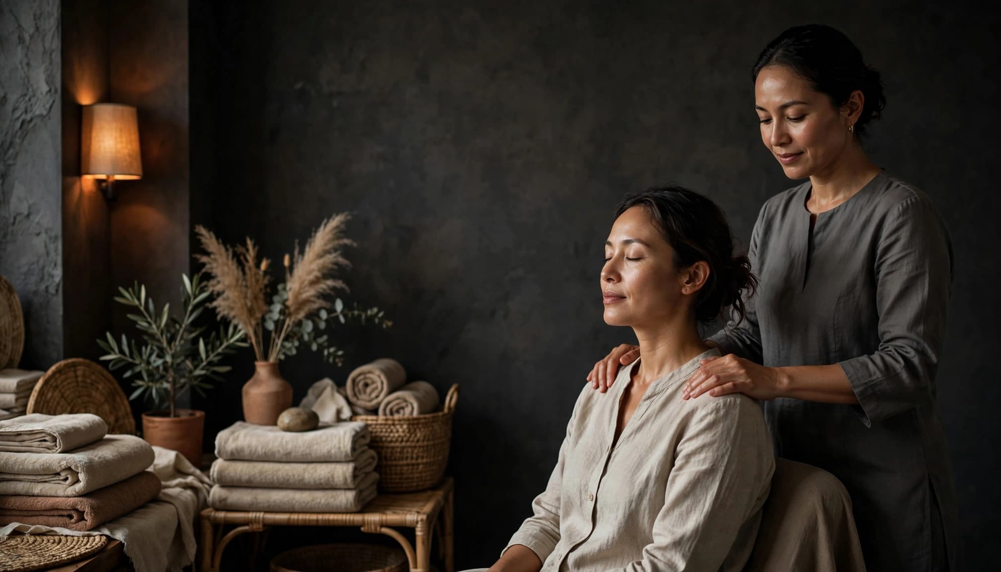 A therapist gives a clothed woman a shoulder massage in a warm, calm treatment room.
