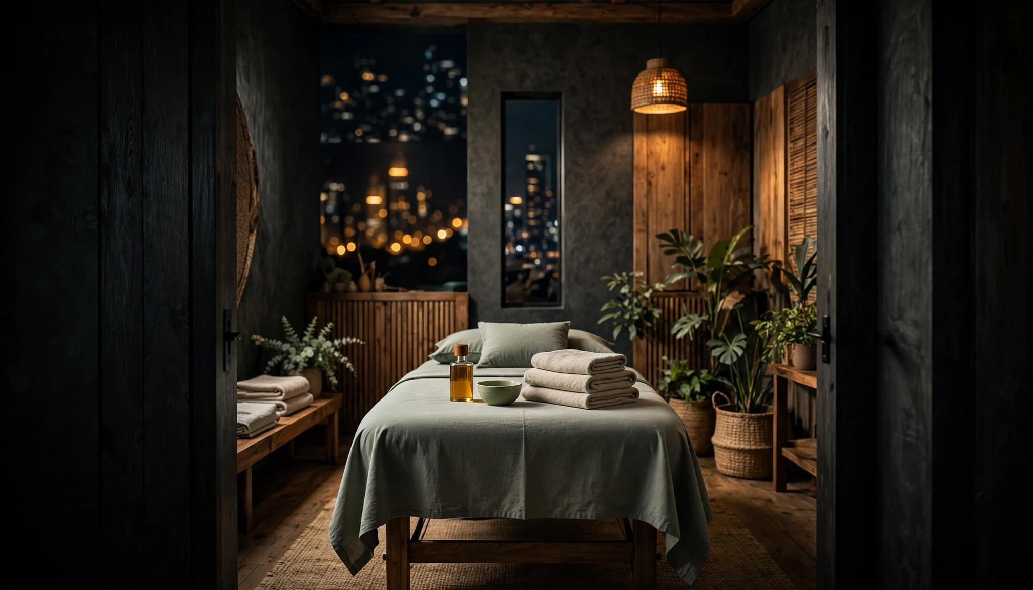 A prepared massage table with towels and oil in a warmly lit spa room.