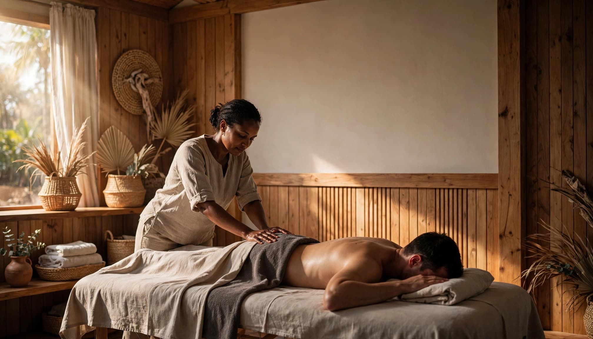 A therapist gives a back massage to a client in a warm Nairobi spa.