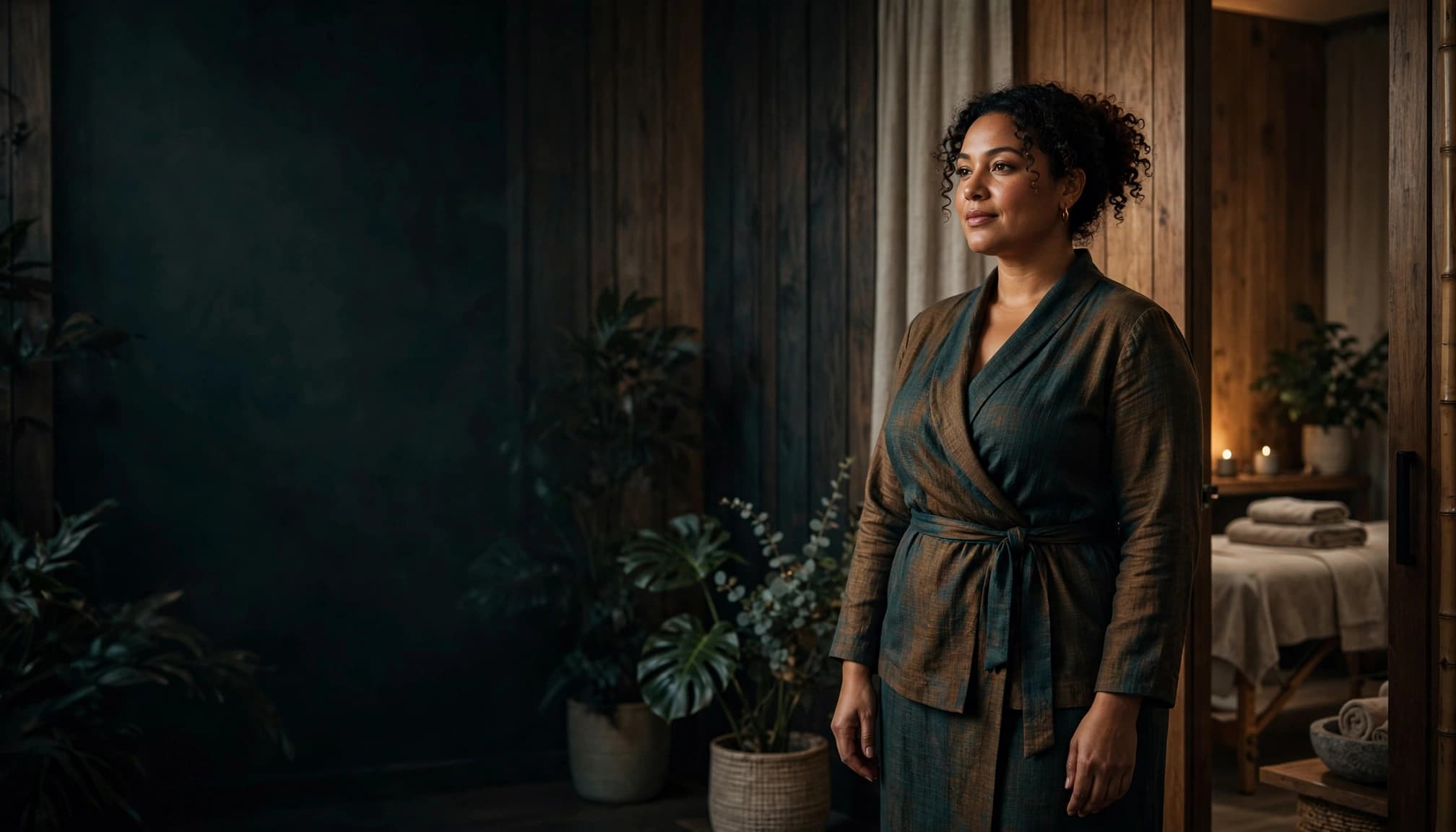 A wellness professional stands beside a softly lit treatment room.