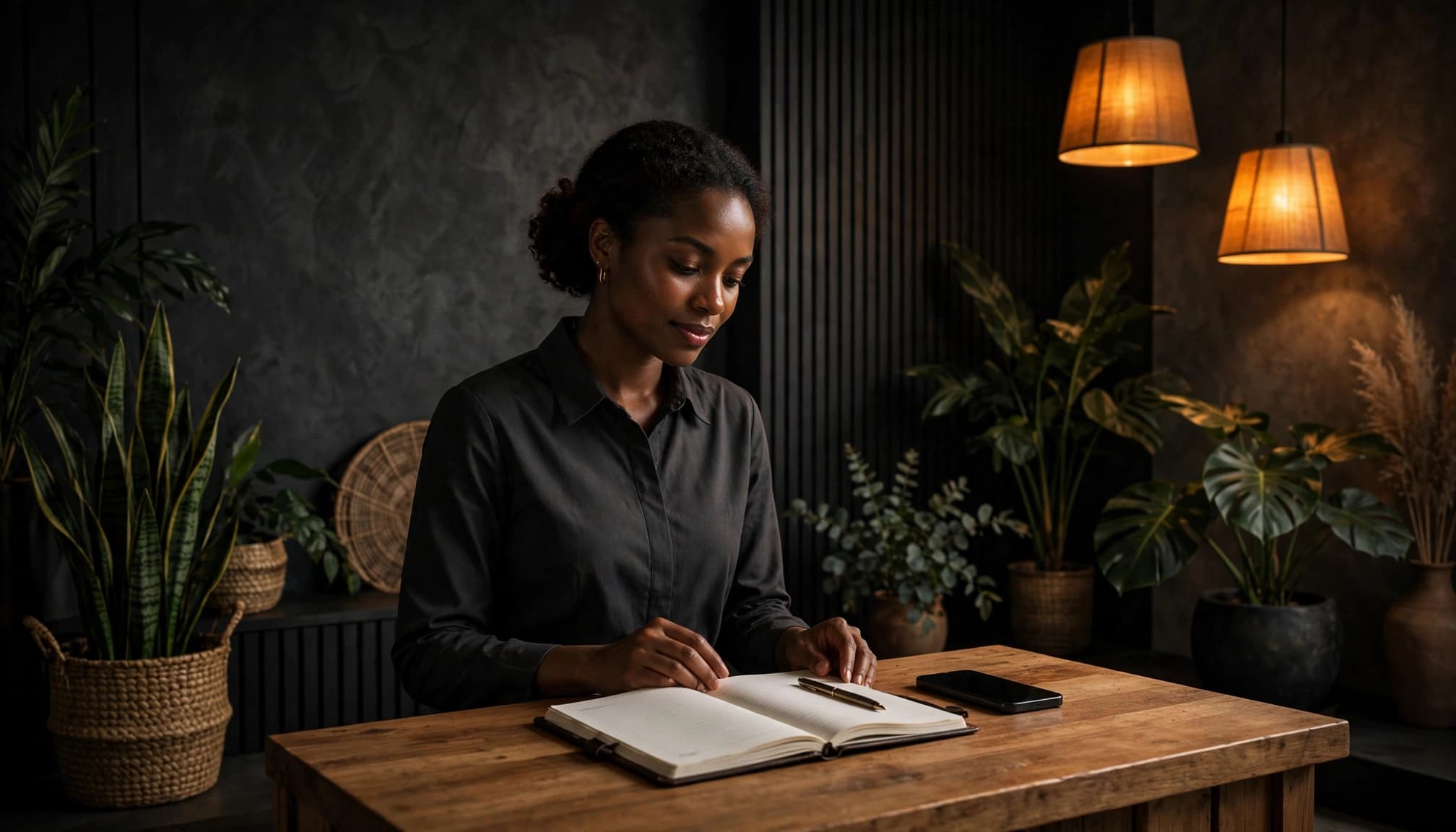 Receptionist at a wooden desk with a notebook and smartphone in a warmly lit wellness area.