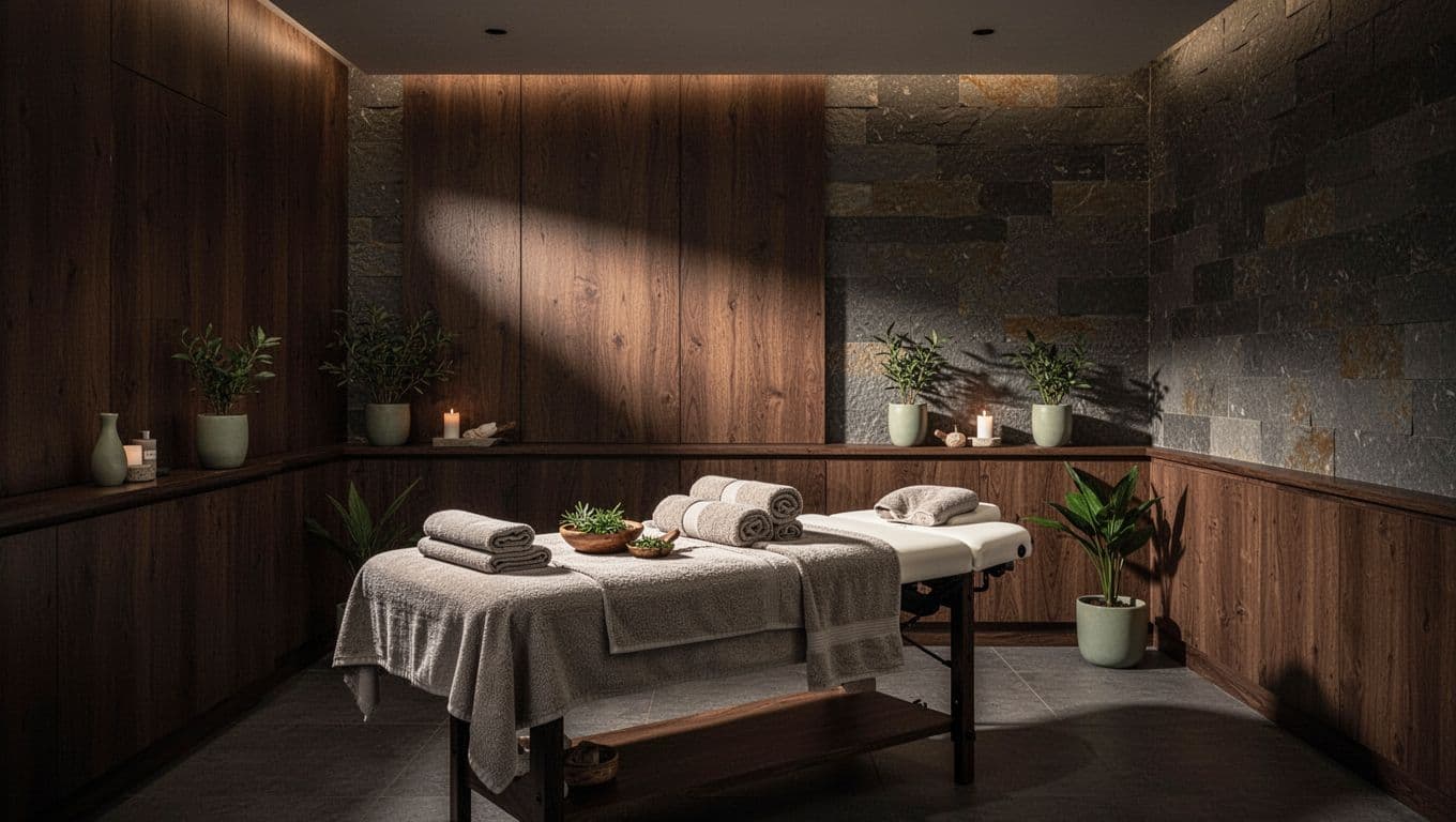 A massage table with folded towels and herbs in a warmly lit spa room.