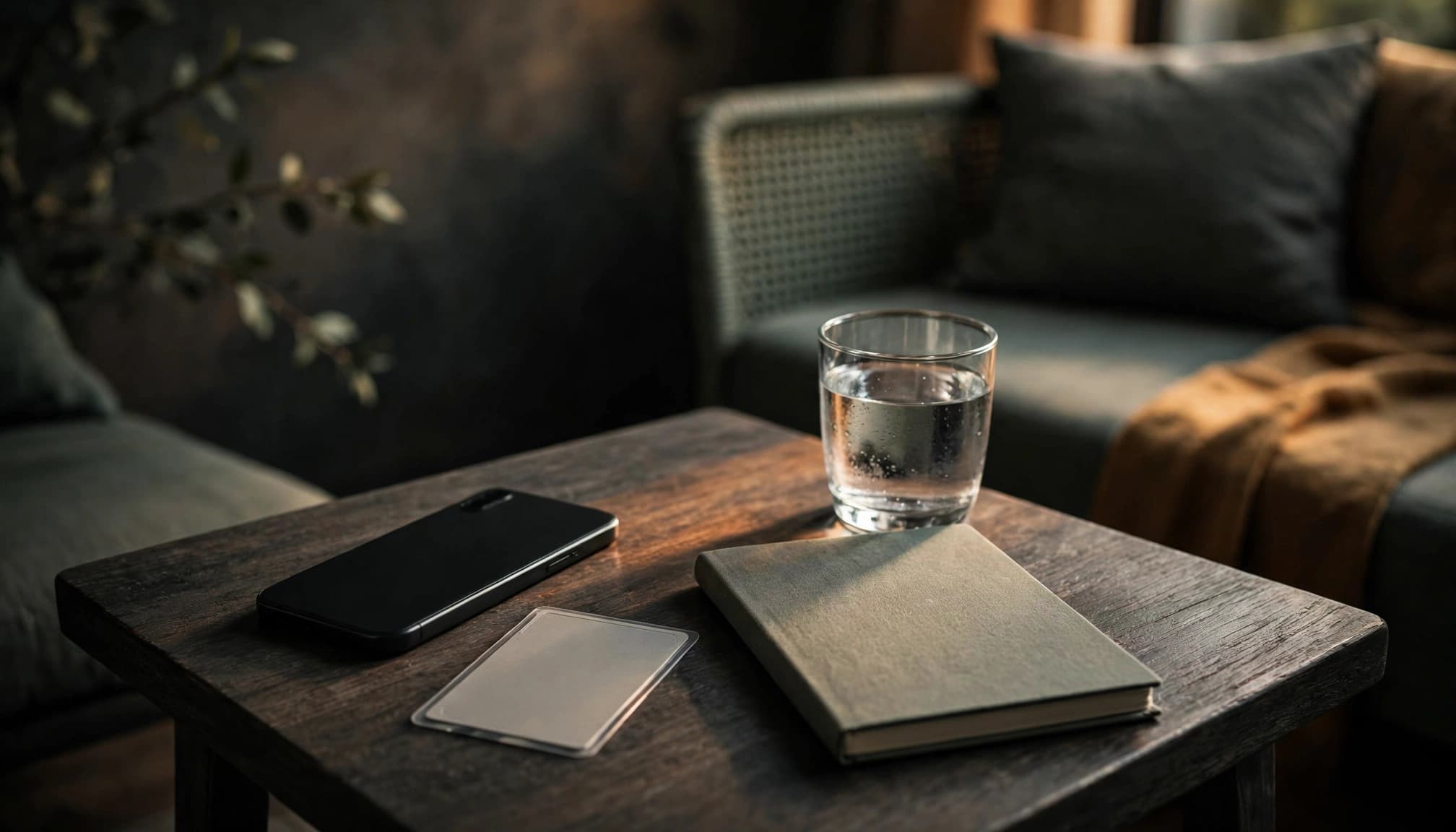 A phone, ID card, notebook, and water glass on a small lounge table.