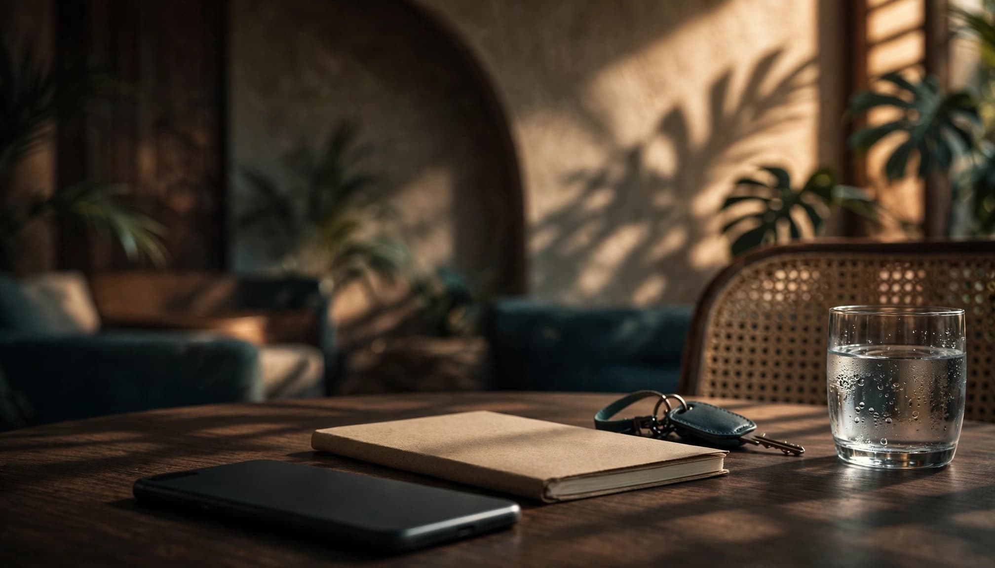 A face-down phone, notebook, room key, and water glass sit on a dark table.
